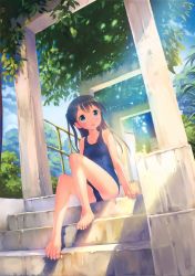 Rule 34 | 1girl, absurdres, bare arms, bare legs, bare shoulders, barefoot, black hair, blue one-piece swimsuit, blue sky, blush, breasts, day, eyebrows, feet, female focus, green eyes, highres, long hair, looking away, nature, one-piece swimsuit, one side up, open mouth, original, outdoors, plant, scan, school swimsuit, sitting, sitting on stairs, sky, small breasts, smile, solo, stairs, sunlight, swimsuit, takoyaki (roast), toes