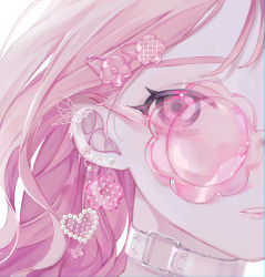 Rule 34 | 1girl, absurdres, close-up, collar, earrings, hair ornament, hairclip, heart, heart earrings, highres, jewelry, looking at viewer, nekome toworu, novelty glasses, original, pale skin, parted lips, piercing, pink eyes, pink hair, pink theme, solo, sunglasses, transparent