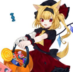 Rule 34 | 1girl, :d, absurdres, animal ear fluff, animal ears, ascot, bad id, bad twitter id, bandaged arm, bandages, basket, black hairband, black hat, black shirt, blonde hair, candy, commentary, cowboy shot, crystal, daimaou ruaeru, fangs, flandre scarlet, food, frilled shirt collar, frills, hairband, hat, hat ribbon, highres, holding, holding basket, lollipop, long hair, looking at viewer, mob cap, one side up, open mouth, petticoat, puffy short sleeves, puffy sleeves, red eyes, red ribbon, red skirt, red vest, remilia scarlet, ribbon, shirt, short sleeves, simple background, skirt, skirt set, smile, solo, symbol-only commentary, tail, touhou, vest, white background, wings, wolf ears, wolf tail, wrist cuffs, yellow ascot