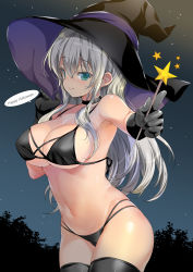 Rule 34 | 1girl, armpits, bare arms, bare shoulders, bikini, black bikini, black choker, black gloves, black hat, black thighhighs, breasts, choker, cleavage, collarbone, cowboy shot, emily (pure dream), gloves, green eyes, grey hair, halloween, halterneck, hand up, happy halloween, hat, highres, holding, large breasts, long hair, looking at viewer, multi-strapped bikini, navel, original, outstretched arm, sidelocks, smile, solo, star (symbol), stomach, string bikini, swimsuit, thighhighs, thighs, wand, witch hat