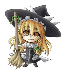 Rule 34 | 1girl, blonde hair, bow, braid, broom, chibi, curiosities of lotus asia, elehime, female focus, frills, full body, gloves, hair bow, hat, kirisame marisa, long hair, mary janes, shoes, side braid, simple background, single braid, smile, solo, touhou, witch, witch hat, yellow eyes