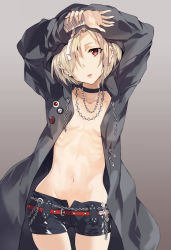 Rule 34 | 10s, 1girl, arms up, badge, bags under eyes, bandaged arm, bandages, belt, belt buckle, black shorts, blonde hair, blush, breasts, brown eyes, buckle, chain, choker, cleavage, collarbone, cowboy shot, ear piercing, earrings, gradient background, grey background, grey jacket, hair over one eye, head tilt, hood, hoodie, idolmaster, idolmaster cinderella girls, jacket, jewelry, long sleeves, looking at viewer, navel, necklace, no bra, open clothes, open jacket, parted lips, piercing, red eyes, ribs, safety pin, shirasaka koume, short hair, shorts, simple background, small breasts, solo, stomach, topless, ueda yumehito