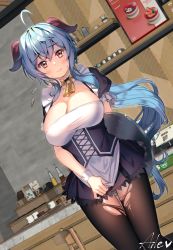 Rule 34 | 1girl, ahoge, aile (crossroads), bell, black pantyhose, blue hair, blush, breasts, cleavage, closed mouth, embarrassed, ganyu (genshin impact), genshin impact, highres, horns, indoors, large breasts, lips, long hair, looking at viewer, neck bell, pantyhose, purple eyes, sweat, torn clothes, torn legwear
