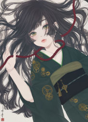 Rule 34 | 1girl, absurdres, black hair, closed mouth, commentary request, doll, doll joints, gear print, gears, green eyes, green kimono, hair spread out, hand up, highres, holding, holding rope, japanese clothes, joints, key, kimono, long hair, looking at viewer, lying, medibang paint (medium), obi, obiage, obijime, on back, original, rope, rope around neck, sash, seal impression, sidelocks, signature, solo, tassel, upper body, ushiyama ame, white background, wide sleeves