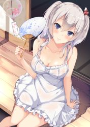Rule 34 | 10s, 1girl, blue eyes, blush, breasts, cleavage, dress, hand fan, hatsu (first snow), kantai collection, kashima (kancolle), large breasts, long hair, paper fan, porch, silver hair, sitting, smile, solo, sundress, tsurime, twintails, uchiwa, wavy hair, white dress, wind chime