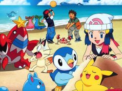 Rule 34 | 1girl, 2boys, ash ketchum, ball, beach, beanie, brock (pokemon), cloud, creatures (company), dawn (pokemon), closed eyes, fang, game freak, gen 1 pokemon, gen 3 pokemon, gen 4 pokemon, happy, hat, meowth, multiple boys, nintendo, ocean, open mouth, outdoors, pikachu, piplup, playing, pokemon, pokemon (anime), pokemon (creature), sand castle, sand sculpture, scared, sky, smile, sweatdrop, wailord