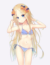 Rule 34 | 1girl, abigail williams (fate), armpits, arms up, bare shoulders, bikini, black bow, blonde hair, blue bikini, blue bra, blue eyes, blue panties, blush, bow, bra, bracelet, breasts, closed mouth, collarbone, eyes visible through hair, fate/grand order, fate (series), forehead, grey background, hands in hair, highres, hip focus, jewelry, long hair, looking at viewer, navel, orange bow, panties, parted bangs, polka dot, polka dot bow, sakazakinchan, side-tie bikini bottom, side-tie panties, simple background, small breasts, solo, swimsuit, thighs, underwear, very long hair, white background