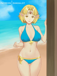 Rule 34 | 1girl, alternate hair length, alternate hairstyle, artist name, bare arms, bare shoulders, beach, bikini, blonde hair, blue bikini, blue sky, breasts, breasts apart, circlet, cleavage, cloud, cowboy shot, dakkalot, day, forehead jewel, gem, gluteal fold, horizon, large breasts, legs, navel, nintendo, ocean, open mouth, outdoors, parted bangs, parted lips, pink lips, pointy ears, princess zelda, red gemstone, ribbon, short hair, side-tie bikini bottom, sky, smile, solo, stomach, swimsuit, the legend of zelda, the legend of zelda: breath of the wild, thigh gap, water, yellow eyes, yellow ribbon