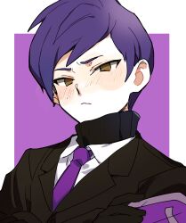 Rule 34 | 1boy, armband, black gloves, black jacket, black sweater, blush, brown eyes, closed mouth, collared shirt, commentary request, crossed arms, frown, gloves, jacket, lobotomy corporation, long sleeves, male focus, medu (rubish), necktie, project moon, purple armband, purple hair, purple necktie, ribbed sweater, shirt, short hair, solo, sweater, turtleneck, turtleneck sweater, white shirt, yesod (project moon)