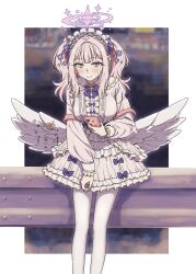 Rule 34 | 1girl, alternate costume, blue archive, blush, breasts, brilliantko, cellphone, dress, feathered wings, flower, frilled dress, frills, hair flower, hair ornament, hairband, halo, highres, holding, holding phone, lolita fashion, lolita hairband, long hair, long sleeves, medium breasts, mika (blue archive), official alternate costume, panties, pantyhose, phone, purple flower, sidelocks, smartphone, smile, solo, twintails, underwear, white panties, white wings, wing ornament, wings
