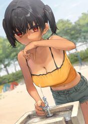 Rule 34 | 1girl, black hair, blue sky, blurry, blurry background, blush, breasts, camisole, cleavage, cloud, commentary request, day, gaki kyonyuu, grey shorts, highres, kaedeko (kaedelic), large breasts, looking at viewer, midriff, navel, one-piece tan, oppai loli, outdoors, red eyes, sasaki kanna (kaedeko), short shorts, shorts, sky, solo, tan, tanline, twintails, water, wet, yellow camisole