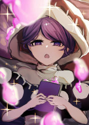 Rule 34 | 1girl, blob, blurry, blurry foreground, book, breasts, chestnut mouth, depth of field, doremy sweet, dream soul, dress, half-closed eyes, highres, holding, holding book, hood, ishikawa sparerib, looking at viewer, one-hour drawing challenge, open book, open mouth, purple eyes, purple hair, short hair, solo, sparkle, sparkle background, swept bangs, touhou, upper body
