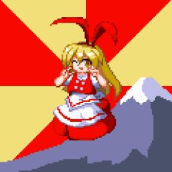 Rule 34 | 1girl, animated, animated png, apron, blonde hair, bow, colored skin, commentary request, double v, ellen (touhou), hair bow, happy, long hair, lowres, mountain, one eye closed, open mouth, pixel art, puffy short sleeves, puffy sleeves, red bow, red skin, red vest, shirt, short sleeves, smxcw-0t93u fmdf, touhou, touhou (pc-98), turtleneck, v, very long hair, vest, waist apron, white apron, white shirt, yellow eyes