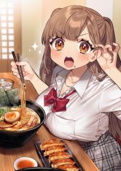 Rule 34 | 1girl, blush, bow, bowtie, breast rest, breasts, brown eyes, brown hair, chopsticks, collarbone, collared shirt, commentary request, food, food on face, grey skirt, highres, holding, holding chopsticks, indoors, jewelry, kodama (sakura yuki), large breasts, long hair, looking at viewer, necklace, noodles, open mouth, original, plaid, plaid skirt, red bow, red bowtie, sakura yuki (clochette), sausage, shirt, skirt, solo, sparkle, white shirt