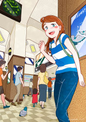 Rule 34 | 3girls, 4boys, backpack, bag, bird, brown hair, clock, feet out of frame, from below, green bag, highres, indoors, jupachi18, long hair, map, multiple boys, multiple girls, open mouth, original, shadow, shirt, short sleeves, smile, striped clothes, striped shirt, swept bangs, walking