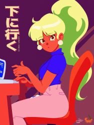 Rule 34 | 1girl, at computer, blonde hair, blue shirt, blunt bangs, blush stickers, breasts, brown eyes, chair, colored skin, commentary, copyright name, dark-skinned female, dark skin, david liu, earrings, english commentary, flat color, going under, high ponytail, highres, jackie fiasco, jewelry, keyboard (computer), lanyard, long hair, looking at viewer, medium breasts, monitor, official art, orange skin, pants, pink pants, school uniform, shirt, sitting, solo, table, turning head, very long hair