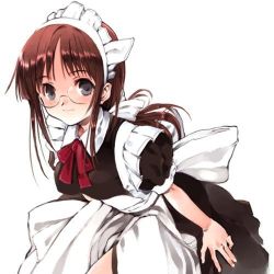 Rule 34 | 1girl, black eyes, brown hair, frills, glasses, hand on own thigh, koin (foxmark), leaning forward, logo, looking at viewer, lowres, maid, maid headdress, original, simple background, smile, solo, third-party edit, white background