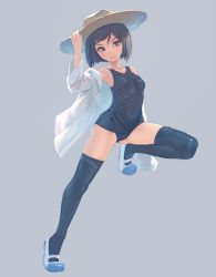 Rule 34 | 1girl, black hair, blouse, full body, grey background, grey eyes, hat, legs, no pants, one-piece swimsuit, open clothes, open shirt, original, school swimsuit, shirt, shoes, simple background, solo, straw hat, swimsuit, swimsuit under clothes, thighhighs, uwabaki, weno, white shirt