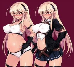 Rule 34 | 1girl, blonde hair, blush, bra, breasts, cleavage, elbow gloves, fingerless gloves, gloves, hairband, large breasts, lilia (null), long hair, midriff, multiple views, navel, nose blush, null (nyanpyoun), open mouth, original, panties, pointy ears, pregnant, red eyes, skirt, sweatdrop, thigh strap, underwear