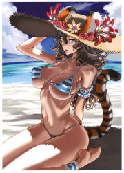 Rule 34 | 1girl, absurdres, animal ears, ankle garter, arched back, arm garter, barefoot, beach, bikini, breasts, brown eyes, brown hair, character request, cloud, copyright request, curly hair, day, ears through headwear, flower, glasses, hat, highres, honjou raita, large breasts, long hair, outdoors, sitting, skindentation, solo, straw hat, string bikini, striped bikini, striped clothes, summer, swimsuit, tail, tiger ears, tiger tail, undersized clothes