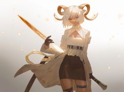 Rule 34 | 1girl, absurdres, animal ears, arknights, belt, black gloves, black skirt, carnelian (arknights), chinese commentary, coat, commentary request, cowboy shot, dark-skinned female, dark skin, gloves, goat ears, goat horns, gradient background, grey background, half gloves, hand up, highres, holding, holding sword, holding weapon, horns, infection monitor (arknights), long sleeves, looking at viewer, open clothes, open coat, parted lips, pencil skirt, red eyes, shirt, short hair, skirt, smile, solo, sparks, sword, thigh strap, weapon, white background, white coat, white hair, white shirt, wushier