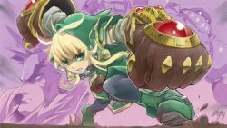 Rule 34 | 1girl, battle chasers, black pantyhose, blonde hair, boots, brown gloves, calibretto, clenched hands, facing away, freckles, garrison (battle chasers), gloves, green eyes, green footwear, gully (battle chasers), hair between eyes, hanabusa (xztr3448), hood, hood up, legs apart, long hair, pantyhose, parted lips, sidelocks, signature, solo focus