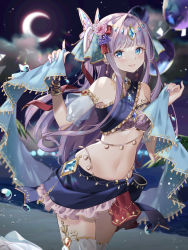 Rule 34 | 1girl, armlet, bad id, bad pixiv id, blue eyes, bow, bracelet, commentary request, dancer, fingernails, flower, frills, gem, gold trim, hair bow, hair flower, hair ornament, highres, jewelry, long fingernails, long hair, looking at viewer, masyu jyaga, moon, navel, necklace, original, purple hair, revealing clothes, shawl, smile, solo, tassel