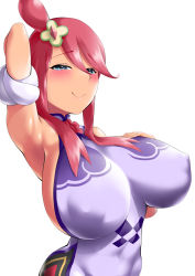 Rule 34 | 1girl, absurdres, arm up, armpits, blue eyes, blush, breasts, chinese clothes, closed mouth, covered erect nipples, creatures (company), dress, game freak, hair ornament, half-closed eyes, highres, impossible clothes, large breasts, looking at viewer, naughty face, nintendo, pokemon, pokemon masters ex, purple dress, red hair, sideboob, sidelocks, simple background, skyla (pokemon), smile, solo, toba tsutsumi, upper body, white background