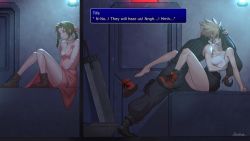 Rule 34 | 1boy, 2girls, aerith gainsborough, against wall, bare legs, black hair, black skirt, blonde hair, boots, unworn boots, breasts, brown hair, buster sword, cleavage, cloud strife, crop top, dark duck, english text, final fantasy, final fantasy vii, unworn footwear, highres, imminent kiss, long hair, low-tied long hair, multiple girls, off shoulder, prison cell, shoes, single shoe, sitting, skirt, spiked hair, square enix, tank top, tifa lockhart