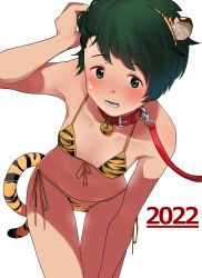 Rule 34 | 2022, animal collar, animal ears, animal print, bell, bikini, chinese zodiac, collar, collarbone, cowboy shot, fake animal ears, flat chest, front-tie top, green eyes, green hair, highres, jingle bell, kantai collection, leaning forward, looking at viewer, mogami (kancolle), new year, short hair, side-tie bikini bottom, simple background, solo, standing, swept bangs, swimsuit, tail, tiger ears, tiger print, tiger tail, tooku nomura (artist), white background, year of the tiger