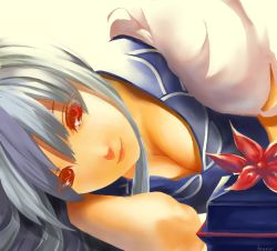 Rule 34 | 1girl, bad id, bad pixiv id, breasts, cleavage, eyelashes, female focus, fenrir (pixiv), hat, kamishirasawa keine, large breasts, lips, long hair, lying, on side, red eyes, silver hair, smile, solo, touhou