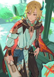 Rule 34 | 1boy, blonde hair, blue feathers, cape, dsmile, earrings, feather hair ornament, feathers, genshin impact, gold earrings, gold necklace, gold trim, hair ornament, highres, holding, holding suitcase, jewelry, kaveh (genshin impact), long hair, long sleeves, male focus, mandarin collar, necklace, red cape, red eyes, shirt, suitcase, white shirt