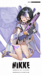 Rule 34 | 1girl, april fools, arms up, black hair, breasts, commentary, copyright name, crying, detached sleeves, english commentary, fang, goddess of victory: nikke, gun, high heels, highres, holding, holding gun, holding weapon, jacket, leg tattoo, long sleeves, looking at viewer, medium hair, mole, mole under eye, multicolored hair, navel, nose bubble, official art, open clothes, open jacket, open mouth, purple hair, scared, skirt, sleeves past wrists, small breasts, squatting, streaked hair, syuen (nikke), tattoo, tearing up, thighs, v-shaped eyebrows, wavy mouth, weapon, white skirt, zoom layer