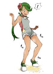 Rule 34 | !, 1girl, absurdres, bare shoulders, blush, blush stickers, breasts, creatures (company), eyes visible through hair, female focus, flower, full body, game freak, green eyes, green footwear, green hair, hair flower, hair ornament, hairband, hands up, highres, jaggy lines, jikatarou, legs apart, long hair, looking down, mallow (pokemon), nintendo, overalls, peeing, peeing self, pink flower, pink shirt, pokemon, pokemon sm, puddle, shirt, shoes, simple background, small breasts, solo, standing, steam, surprised, sweat, text focus, translation request, wet, wet clothes, white background