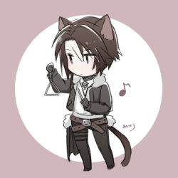 Rule 34 | 1boy, animal ears, belt, belt buckle, black gloves, black jacket, black pants, blue background, blue eyes, brown hair, buckle, cat boy, cat ears, cat tail, chibi, circle, commentary request, final fantasy, final fantasy viii, full body, fur-trimmed jacket, fur-trimmed waist cape, fur trim, gloves, hands up, hiryuu (kana h), holding, holding instrument, instrument, jacket, leather belt, lowres, male focus, multiple belts, musical note, open clothes, open jacket, pants, scar, scar on face, short hair, signature, simple background, solo, squall leonhart, standing, tail, triangle (instrument), waist cape