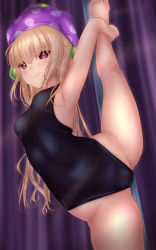 Rule 34 | 1girl, arms up, bare shoulders, black one-piece swimsuit, blonde hair, blush, breasts, closed mouth, clownpiece, eyes visible through hair, hair between eyes, hands up, hat, highres, jester cap, leg up, long hair, looking at viewer, medium breasts, one-piece swimsuit, pink hat, polka dot, red eyes, school swimsuit, shounen (hogehoge), sleeveless, smile, solo, standing, standing on one leg, swimsuit, touhou