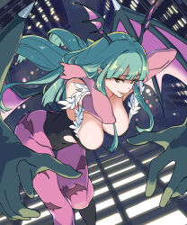 1girl black_leotard blunt_bangs breasts bridal_gauntlets cleavage commentary darkstalkers demon_girl green_hair head_wings highres large_breasts leotard long_hair looking_at_viewer miman morrigan_aensland pantyhose purple_pantyhose smile solo spiked_wings strapless strapless_leotard wings yellow_eyes