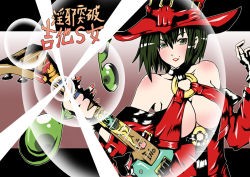 Rule 34 | 1girl, arc system works, bare shoulders, breasts, cleavage, gloves, green eyes, green hair, guilty gear, guitar, hat, i-no, instrument, large breasts, lens flare, makai, matching hair/eyes, musical note, parody, red hat, solo, style parody, tengen toppa gurren lagann, underboob, witch hat