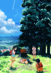 Rule 34 | 4girls, backpack, bag, black hair, blurry, child, cloud, contrail, day, depth of field, fetal position, field, frilled skirt, frills, highres, hill, house, inami hatoko, leaning forward, looking at another, lying, multiple girls, on side, original, rural, scenery, short hair, short twintails, shorts, shrine, silver hair, skirt, sky, sleeping, squatting, tree, twintails