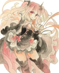 Rule 34 | 10s, 1girl, bare shoulders, black dress, black thighhighs, blush, boots, choker, detached sleeves, dress, fina (sa47rin5), highres, krul tepes, long hair, looking at viewer, owari no seraph, painting (medium), pink hair, pointy ears, red eyes, ribbon, short dress, smile, solo, thigh boots, thighhighs, traditional media, two side up, vampire, very long hair, watercolor (medium), wide sleeves