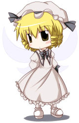 Rule 34 | 1girl, blonde hair, blush, chibi, dress, drill hair, eastern and little nature deity, eyebrows, fairy wings, female focus, frilled dress, frills, full body, hair between eyes, hat, hat ribbon, looking at viewer, luna child, mob cap, r pascal, ribbon, shoes, simple background, solo, standing, touhou, touhou sangetsusei, white background, white dress, white footwear, white legwear, wings