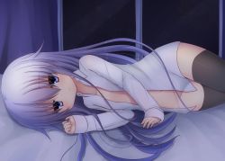 Rule 34 | 10s, 1girl, aqua eyes, aqua hair, black thighhighs, flat chest, hibiki (kancolle), hionhk, kantai collection, light smile, long hair, looking at viewer, lying, naked shirt, on bed, on side, shirt, sleeves past wrists, solo, thighhighs, white shirt