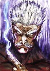 Rule 34 | 1boy, artist name, aura, bang (one-punch man), black bodysuit, bodysuit, closed mouth, commentary, english commentary, facial hair, furrowed brow, grey eyes, grey hair, hand up, highres, making-of available, male focus, manly, mustache, old, old man, one-punch man, photoshop (medium), portrait, purple hair, solo, steam, the golden smurf