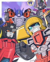 Rule 34 | ?, arrow (symbol), autobot, blue eyes, clenched hands, decepticon, highres, hot shot (transformers), looking at viewer, looking to the side, mecha, megatron, one eye closed, open mouth, optimus prime, orange eyes, robot, smile, starscream, surprised, thought bubble, tolliver, transformers, transformers armada, twitter username, wheel