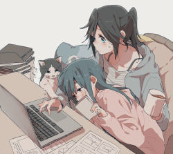 Rule 34 | 2girls, blouse, blue hair, book, cat, collarbone, computer, cup, hibike! euphonium, holding, holding book, holding cup, kasaki nozomi, laptop, liz to aoi tori, long hair, multiple girls, ponytail, ree (re-19), shirt, simple background, sitting, striped clothes, striped shirt, tagme, white background, yoroizuka mizore