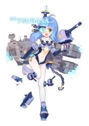 Rule 34 | 1girl, ahoge, artist name, azur lane, blue footwear, blue hair, blue leotard, blush, breasts, cannon, cleavage, collarbone, commentary request, detached sleeves, feet, full body, green eyes, hair between eyes, holding, leotard, long hair, long sleeves, navel, original, pantyhose, personification, puffy sleeves, shoes, simple background, single shoe, sleeves past wrists, small breasts, solo, standing, standing on one leg, tears, tsubasa tsubasa, turret, white background, white pantyhose