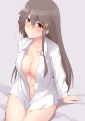 Rule 34 | 1girl, akahi242, alternate costume, bandaid, bandaid on breast, bandaid on neck, blush, breasts, brown eyes, cleavage, commission, grey hair, hair between eyes, hair ornament, hairclip, haruna (kancolle), highres, kantai collection, large breasts, long hair, looking at viewer, naked shirt, navel, shirt, sitting, skeb commission, solo