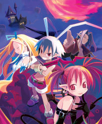 Rule 34 | 00s, 2boys, 2girls, antenna hair, bare shoulders, bat wings, belt, blonde hair, blue hair, bracelet, buckle, choker, crossed arms, demon girl, disgaea, earrings, elbow gloves, etna (disgaea), fang, flonne, gloves, harada takehito, jacket, jewelry, laharl, long hair, looking at viewer, makai senki disgaea, mid-boss, mid-boss (disgaea), multiple boys, multiple girls, nippon ichi, open clothes, open jacket, pointy ears, prinny, red eyes, red hair, red shorts, ribbon, shorts, tail, twintails, wings