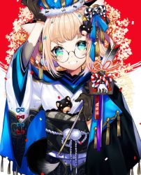 Rule 34 | 1girl, 2018, animal ears, aqua eyes, arm up, arrow (projectile), black-framed eyewear, blonde hair, brown gloves, chinese zodiac, crown, dog, dog ears, dog tail, glasses, gloves, grin, hair ornament, hair rings, hamaya, hand on headwear, head tilt, holding, japanese clothes, kimono, long sleeves, looking at viewer, nengajou, new year, obi, original, parted lips, puppy, round eyewear, sash, short hair, smile, sogawa, solo, star (symbol), star hair ornament, tail, upper body, wide sleeves, year of the dog