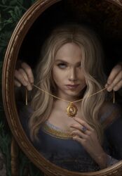 Rule 34 | 1girl, blonde hair, blue dress, blue eyes, dress, gem, gwent (game), highres, ildiko breckl, jewelry, long hair, looking at mirror, looking at viewer, mirror, necklace, pov, pov hands, ring, the witcher (series)